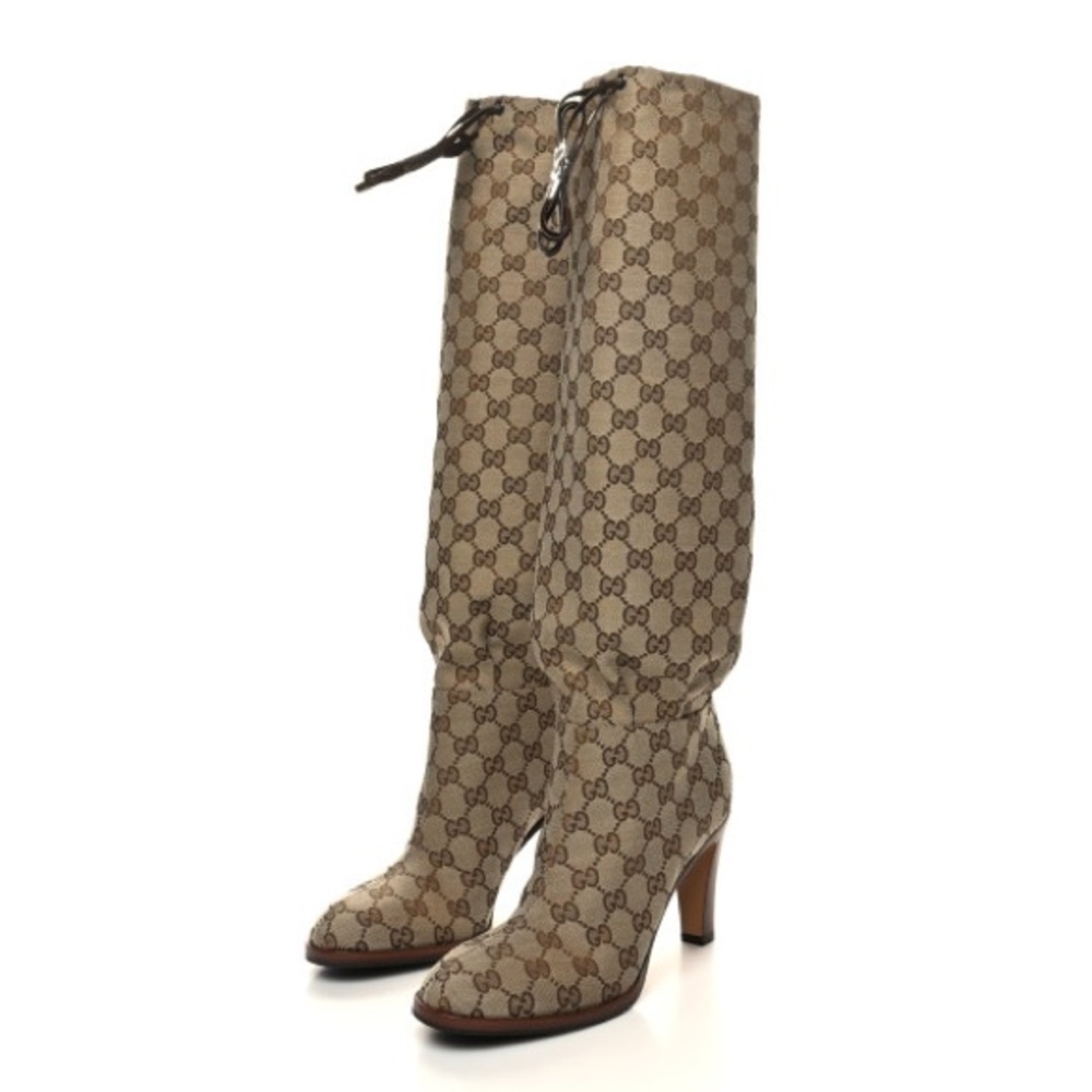 New GUCCI Lisa boots GG monogram beige CANVAS KNEE-HIGH Lisa heeled boots - Picture 8 of 10